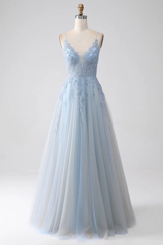 Wholesale A-Line Evening Dress Spaghetti Straps Long Prom Dress with Beading Grey Blue