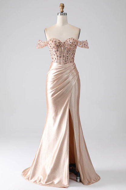 Wholesale Champagne Mermaid Evening Dress Off The Shoulder Sequins Corset Prom Dress With Slit