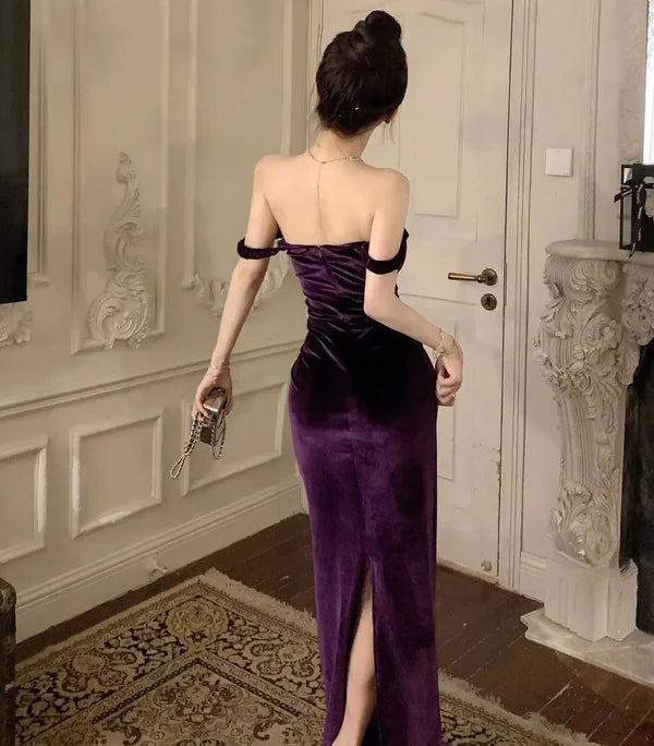 Aimishang Elegant Velvet Sheath Long Prom Dress Off Shoulder Formal Dress Evening Gown Charming Party Dress