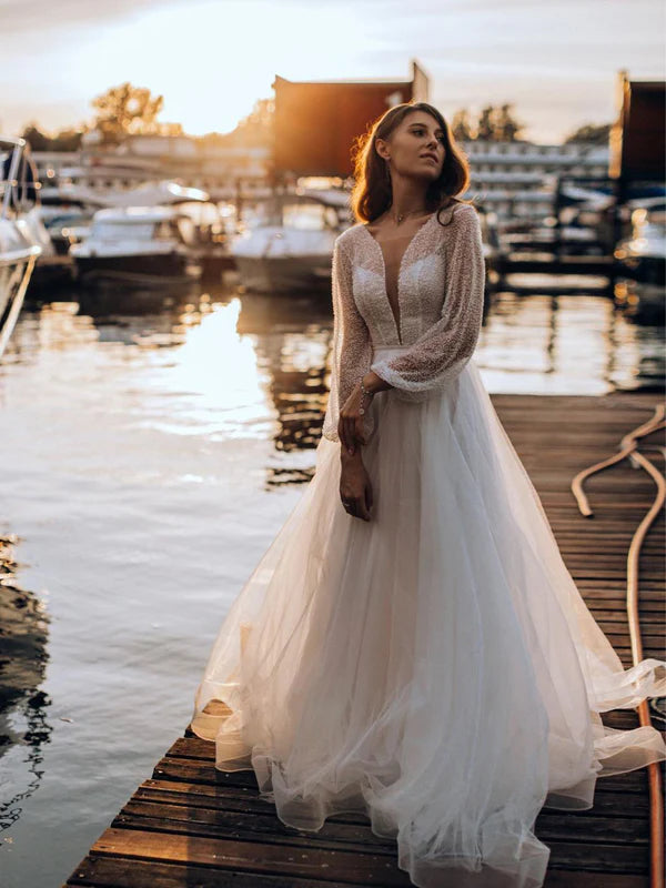 Fascinating Long Sleeves Deep V-neck Lace Backless A-line Wedding Dresses Sexy