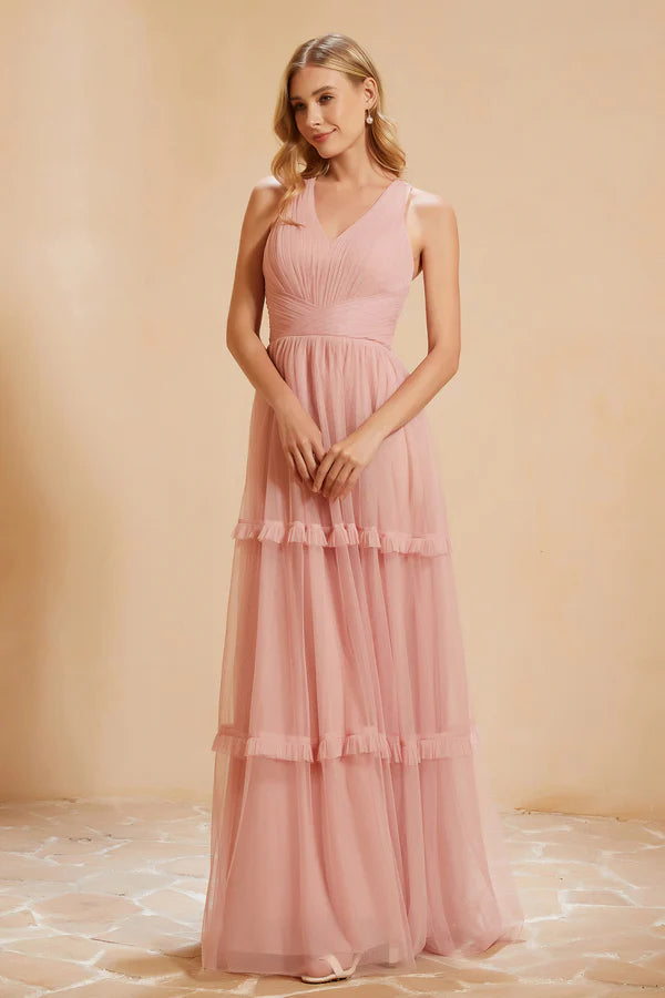 Wholesale Elegant Bridesmaid Dresses Ruched V-neck Tulle Fall Wedding Guest Dress November