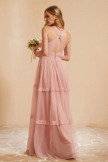 Wholesale Elegant Bridesmaid Dresses Ruched V-neck Tulle Fall Wedding Guest Dress November