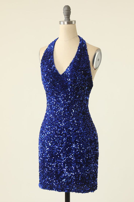 Aimishang Sexy V-neck Halter Open Back Homecoming Dress Sequin Graduation Dress Short Prom Dress Birthday Party Dress