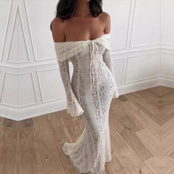 Aimishang Elegant Mermaid Off Shoulder Lace Maxi Dress with Sleeves Long Prom Dress Charming Evening Party Dress Wedding Dress