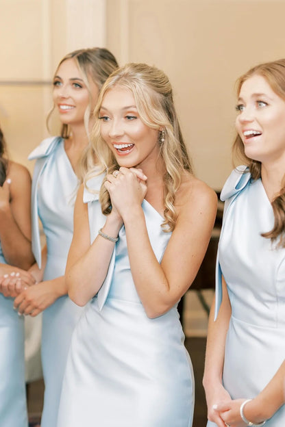 Aimishang Bow One Shoulder Light Blue Satin Long Bridesmaid Dress Elegant Evening Party Dress