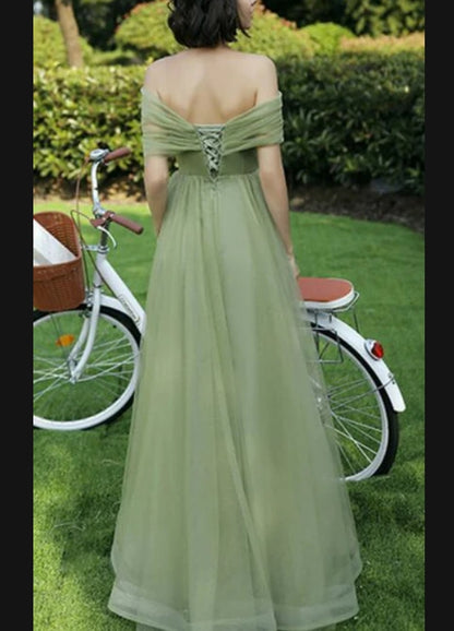 Green Off Shoulder Tulle Long Party Dress Bridesmaid Dresses A Line Evening Dress Wholesale