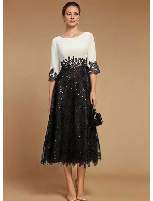 Aimishang A-Line Mother of the Bride Dress Wedding Guest Elegant Vintage Jewel Neck Tea Length Lace Half Sleeve with Lace