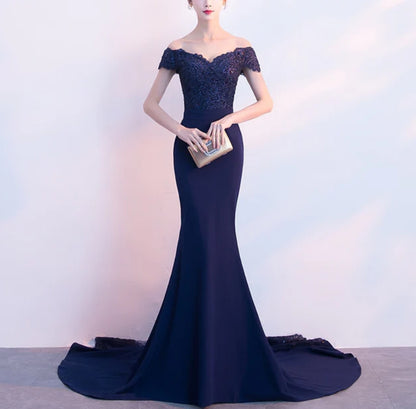 Beautiful Navy Blue Mermaid Lace Long Party Dress Off Shoulder Evening Dress with Appliques