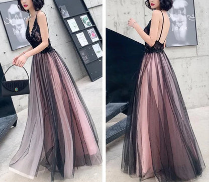 Pink and Black Stylish Tulle with Lace Long Formal Dresses A-line Tulle Evening Dress Wholesale