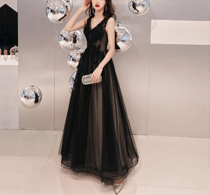 Black V-neckline Tulle Lace Applique Long Party Dress Prom Dresses Evening Dresses A Line Elegant Wholesale