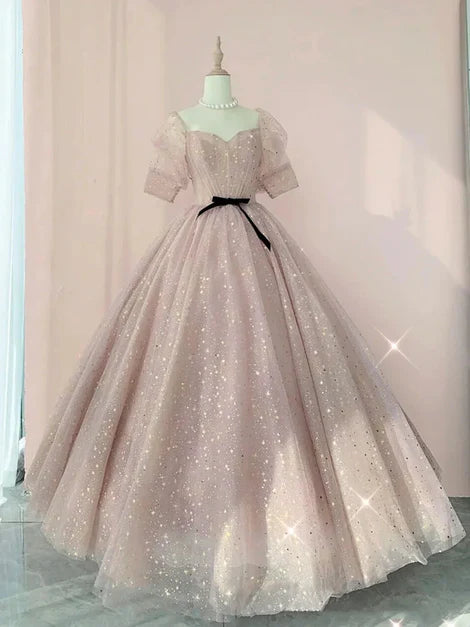 Pink Sweetheart-Neck Tulle Lace Half-Sleeve Prom Dresses Party Dress Off Shoulder Sparkly Wholesale