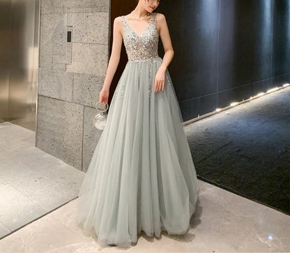 Shiny Beaded V Back Tulle Long Prom Dress Charming Tulle Party Dress A Line Sleeveless Wholesale