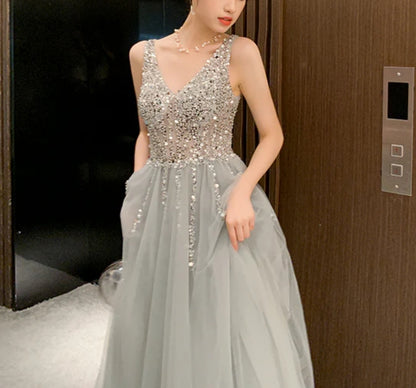 Shiny Beaded V Back Tulle Long Prom Dress Charming Tulle Party Dress A Line Sleeveless Wholesale