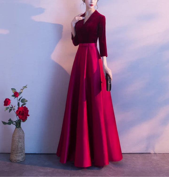 Dark Red Satin and Velvet Simple Long Wedding Party Dress Evening Dresses Prom Dresses Elegant Wholesale