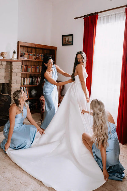 Aimishang One Shoulder Light Blue Sheath Long Bridesmaid Dress Charming Evening Party Dress With Slit