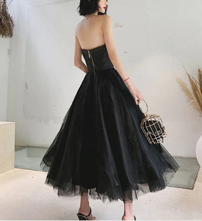 Black Tea Length Tulle Prom Party Dress Tulle Formal Dress Off Shoulder Evening Dress Wholesale