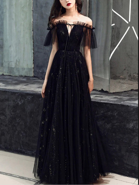 Black Off Shoulder Tulle Party Dress A-line Formal Dress Prom Dress Elegant Evening Dress