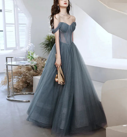 Beautiful Grey Tulle Off Shoulder Long Prom Party Dress Evening Dress A Line Prom Dress Formal Dress Wholesale