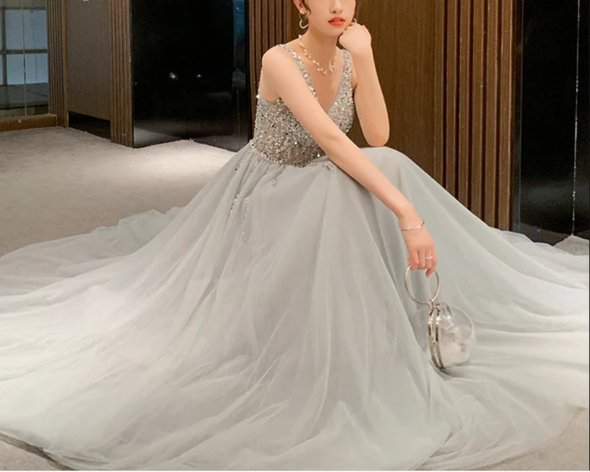 Shiny Beaded V Back Tulle Long Prom Dress Charming Tulle Party Dress A Line Sleeveless Wholesale