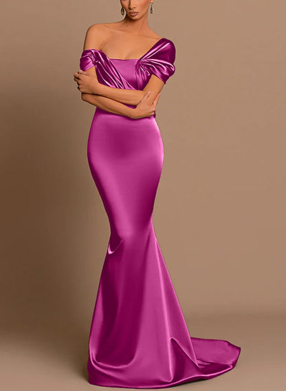 Asymmetrical Short Sleeves Silk Like Satin Bridesmaid Dresses Trumpet/Mermaid Style Evening Dress