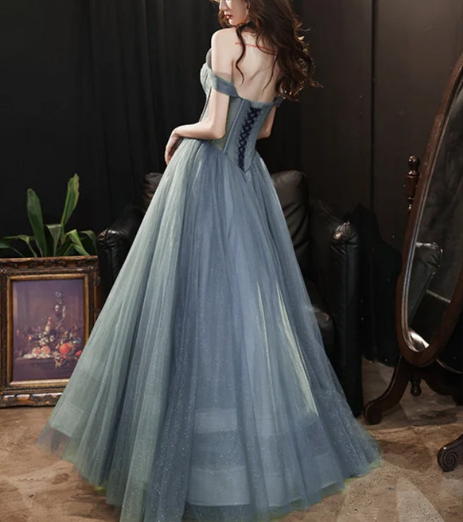 Beautiful Grey Tulle Off Shoulder Long Prom Party Dress Evening Dress A Line Prom Dress Formal Dress Wholesale