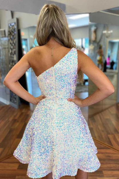 Aimishang Sparkly A Line One Shoulder Homecoming Dress Cute Graduation Dress Sequin Prom Dress Birthday Party Dress