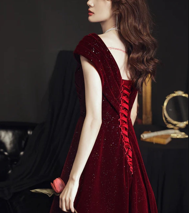 Wine Red V-neckline Velvet Long Party Dress Floor Length Prom Dress Elegant Evening Dress