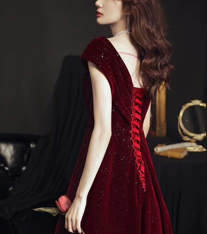 Wine Red V-neckline Velvet Long Party Dress Floor Length Prom Dress Elegant Evening Dress