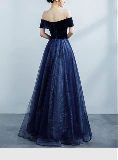 Navy Blue Off Shoulder Velvet Sweetheart Party Dress Shiny Tulle Long Prom Dress Party Dress Sparkly Evening Dress Wholesale