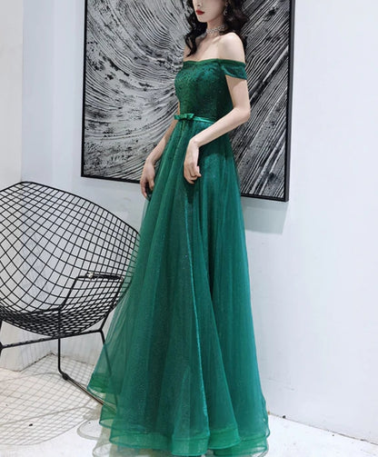 Dark Green Tulle Beaded Off Shoulder Long Party Dresses A-line Long Evening Dress Prom Dress Wholesale