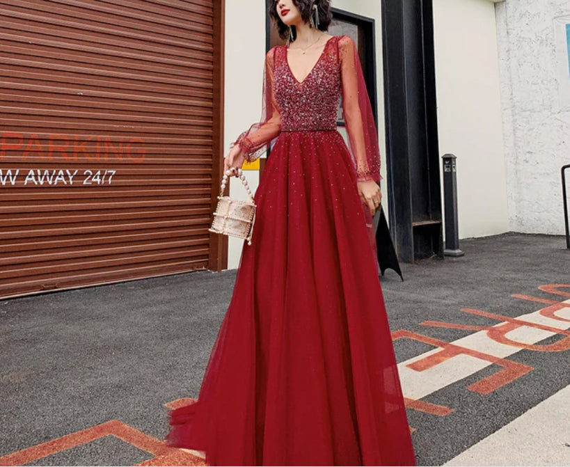 Wine Red Long Sleeves Beaded Low Back Tulle Prom Dress Formal Dress Evening Dress Wholesale