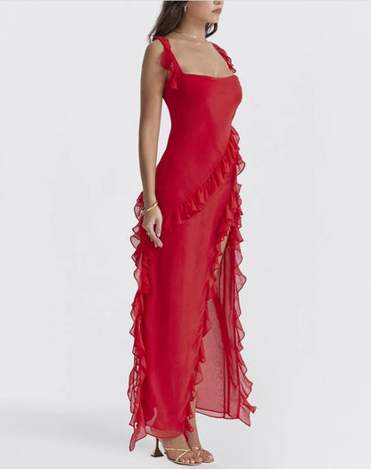 Aimishang Red Ruffle Split Maxi Dress Charming Evening Party Dress Formal Dress