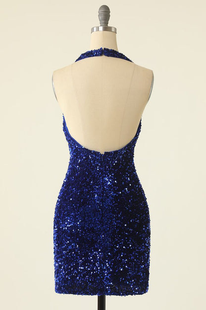 Aimishang Sexy V-neck Halter Open Back Homecoming Dress Sequin Graduation Dress Short Prom Dress Birthday Party Dress