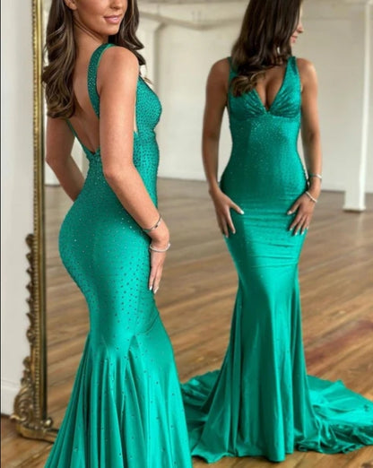 Aimishang Green V Neck Backless Beads Mermaid Long Prom Dress Sexy Evening Dress