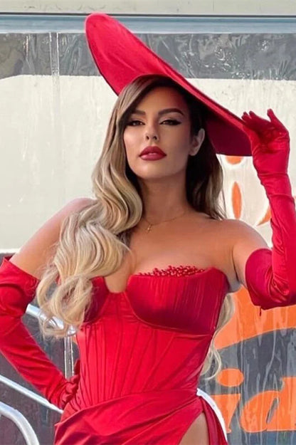 Charming Red Evening Dress Off The Shoulder Strapless Long Sleeve With Slit Sexy Party Dress No With Gloves And Hat