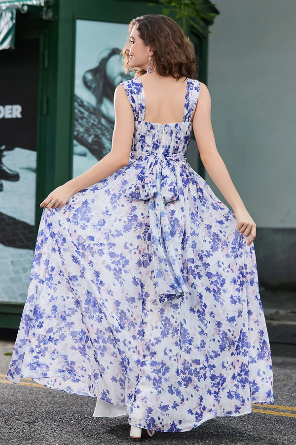 Wholesale Elegant Violet Floral Print Bridesmaid Dresses Pleated Sweetheart Chiffon Floral Long Wedding Guest Dresses