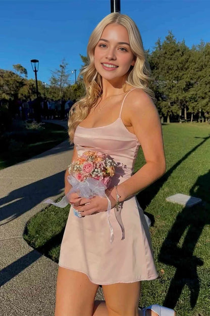 Aimishang Fashion Spaghetti Straps Sleeveless Satin Short Homecoming Dress Mini Summer Party Dress