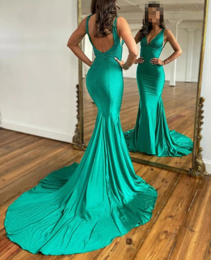 Aimishang Green V Neck Backless Beads Mermaid Long Prom Dress Sexy Evening Dress