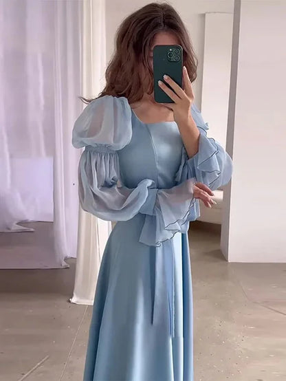 Aimishang Blue Puff Sleeves Long Prom Dress Formal Dress Elegant Evening Party Dress