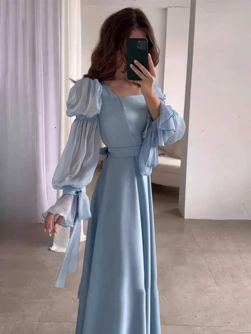 Aimishang Blue Puff Sleeves Long Prom Dress Formal Dress Elegant Evening Party Dress