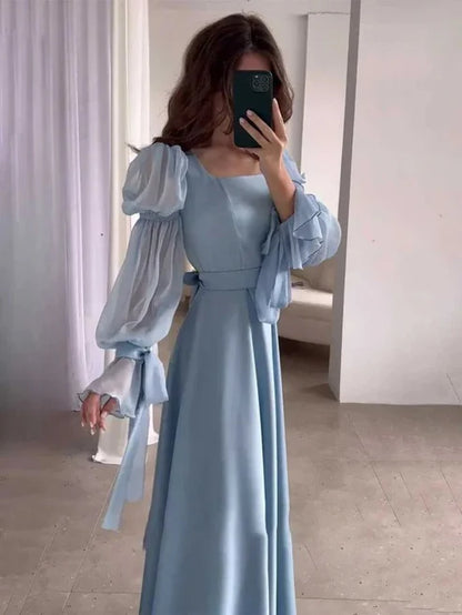 Aimishang Blue Puff Sleeves Long Prom Dress Formal Dress Elegant Evening Party Dress
