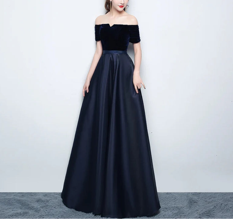 Beautiful Satin and Velvet Long Party Dress Simple Off Shoulder Prom Dress Elegant Evening Dress