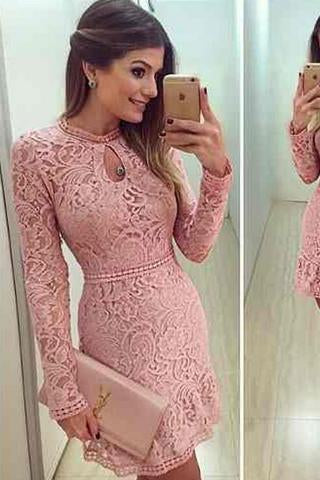 Wholesale Homecoming dresses Lace dress Sexy lace Elegant short Open neck Prom Dresses Long sleeve