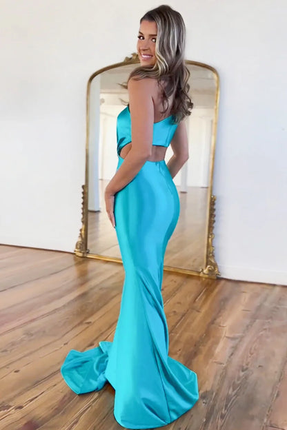 Wholesale Prom Dress One Shoulder Cutout Waist Long Satin Mermaid With Beading