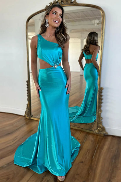 Wholesale Prom Dress One Shoulder Cutout Waist Long Satin Mermaid With Beading