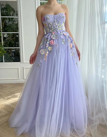 Wholesale Strapless A-Line Tulle Party Dress With 3D Flowers