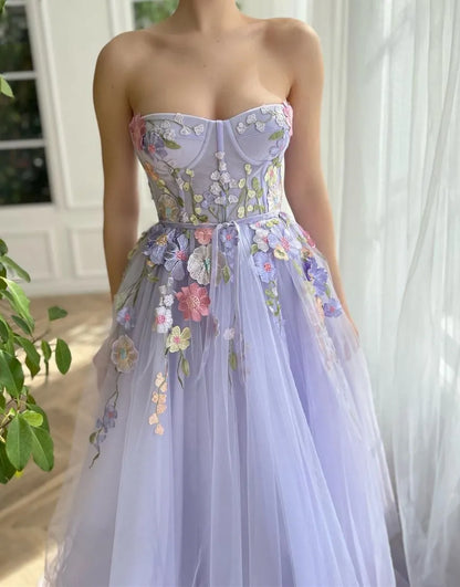 Wholesale Strapless A-Line Tulle Party Dress With 3D Flowers