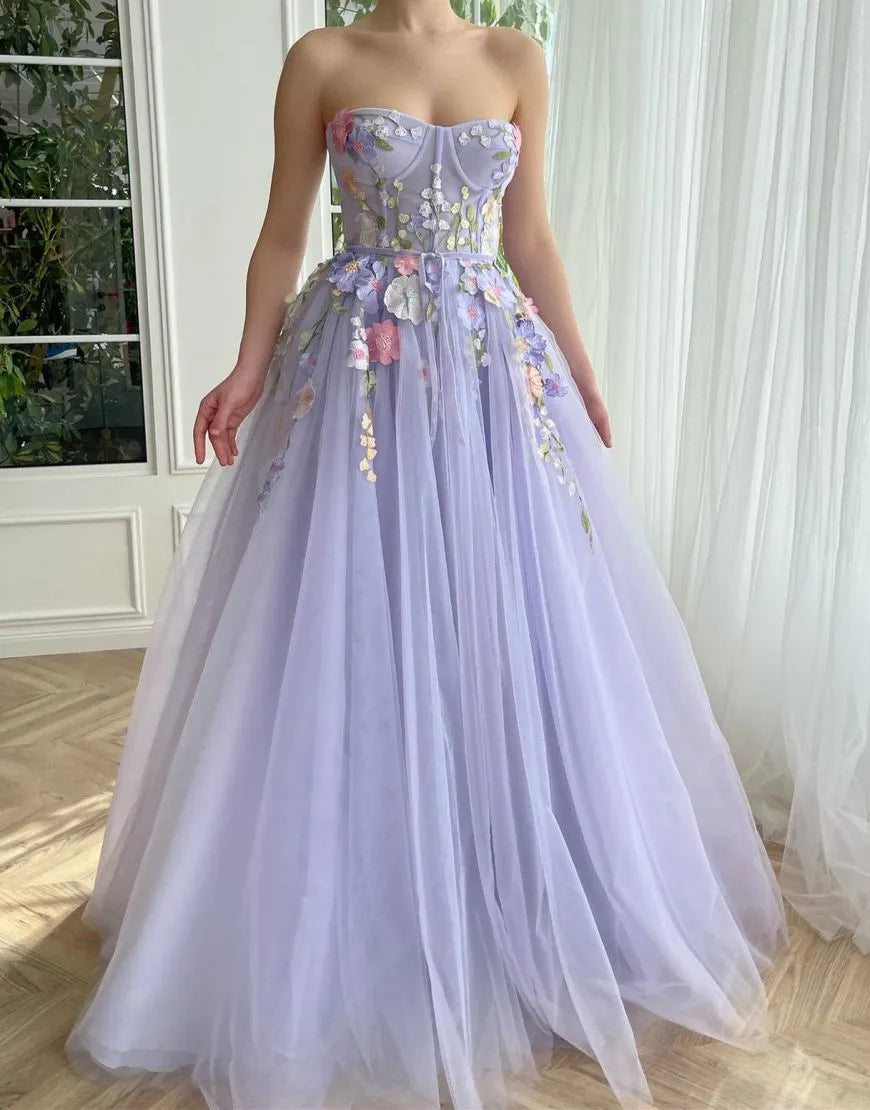 Wholesale Strapless A-Line Tulle Party Dress With 3D Flowers