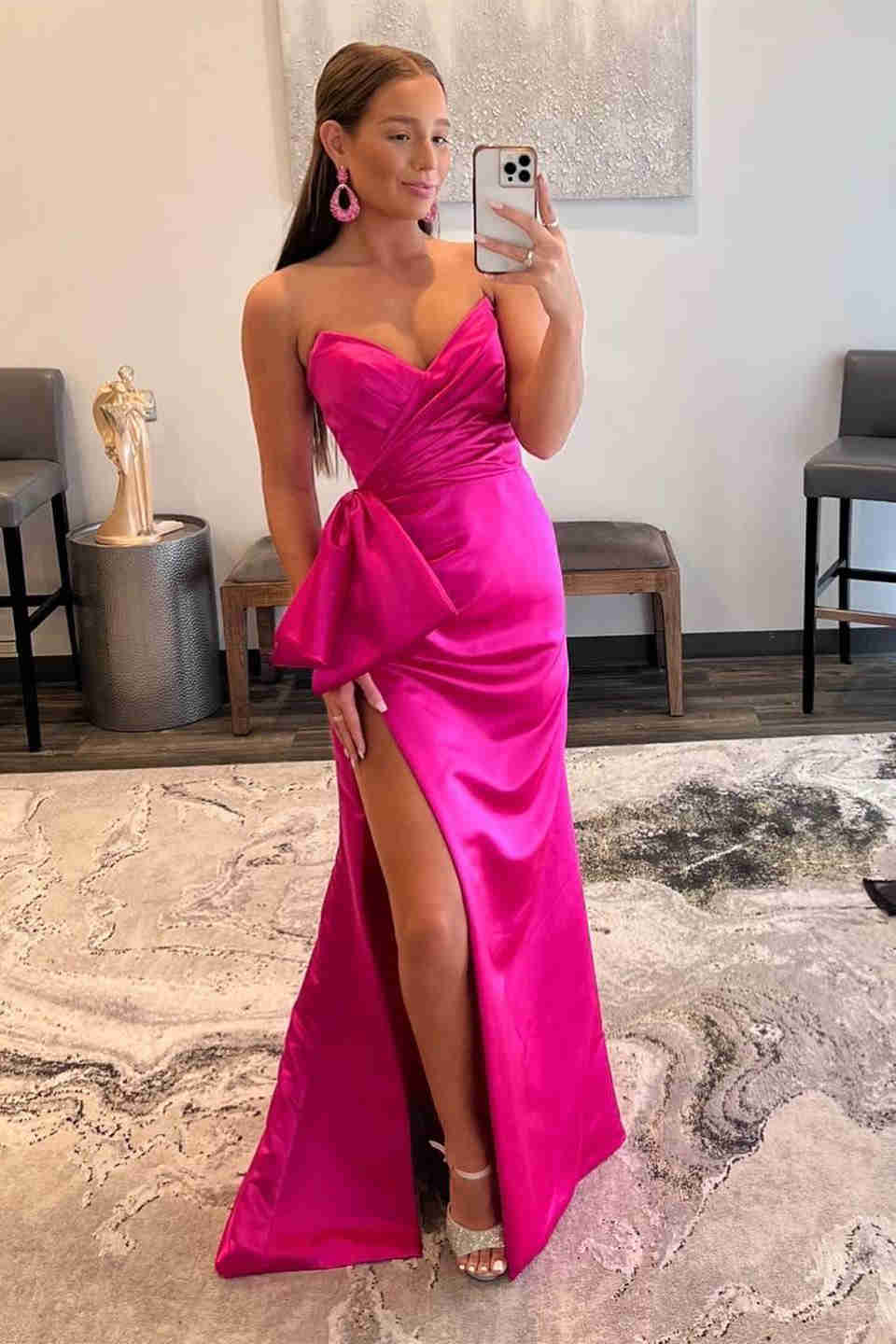 Wholesale Strapless Satin Floor Length Prom Dresses With Slit & Bowknot