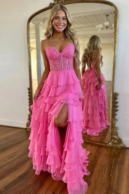 Wholesale Lace Up Long Tiered Chiffon Prom Dress With Slit